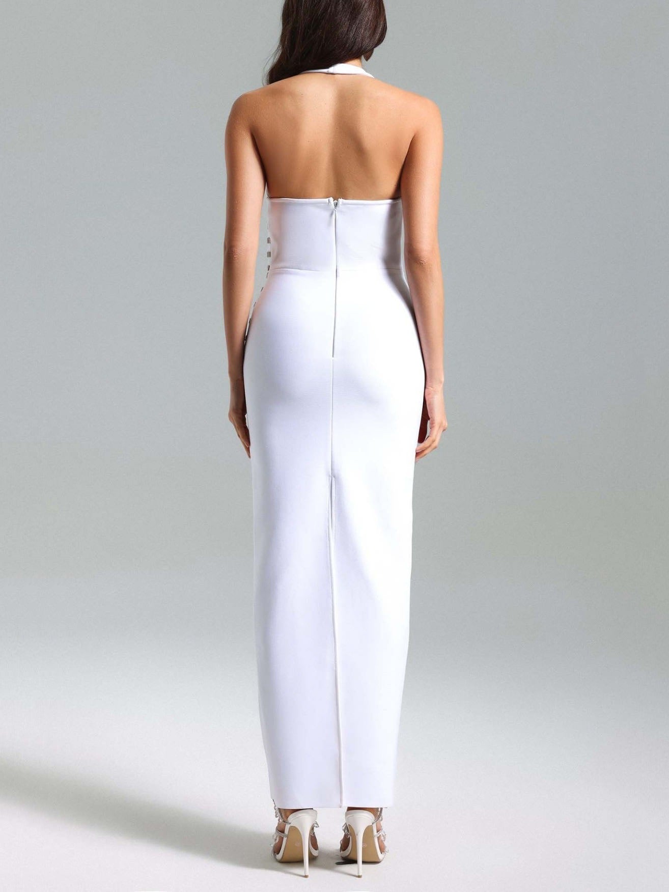 White hanging neck V-neck mesh elegant slim fit hot diamond long slit bandage dress party evening dress