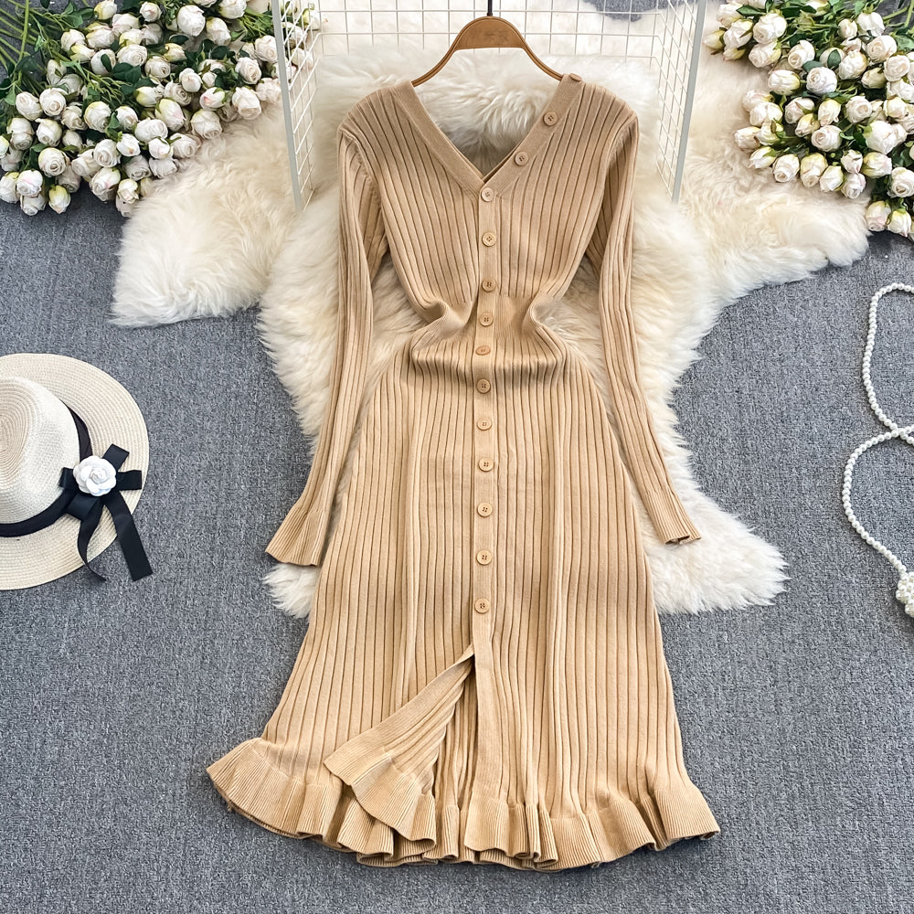 Feminine and socialite temperament long sleeved V-neck backless waist cinched mid length single breasted A-line knitted fishtail dress autumn