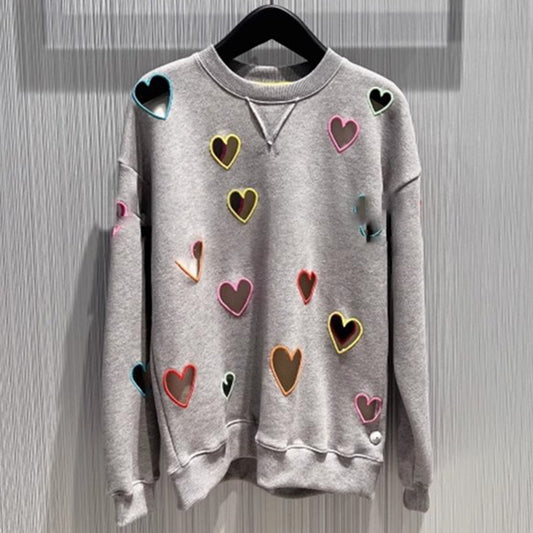 Small niche autumn and winter new grey round neck hollow out heart embroidered long sleeved hoodie for women