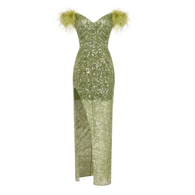 Off shoulder one line collar feather green sequin dress light luxury dinner party dress