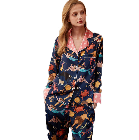 Blue Constellation Simulated Silk Pajamas for Women Spring and Autumn Long Sleeves and Trousers Cool Ice and Snow Silk