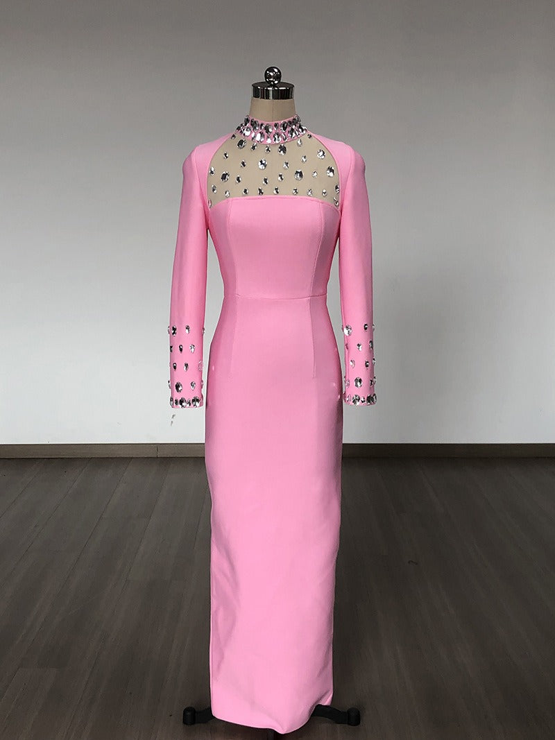 2025 Valentine Day Edition - long sleeved slit dress with mesh belt diamond round neck