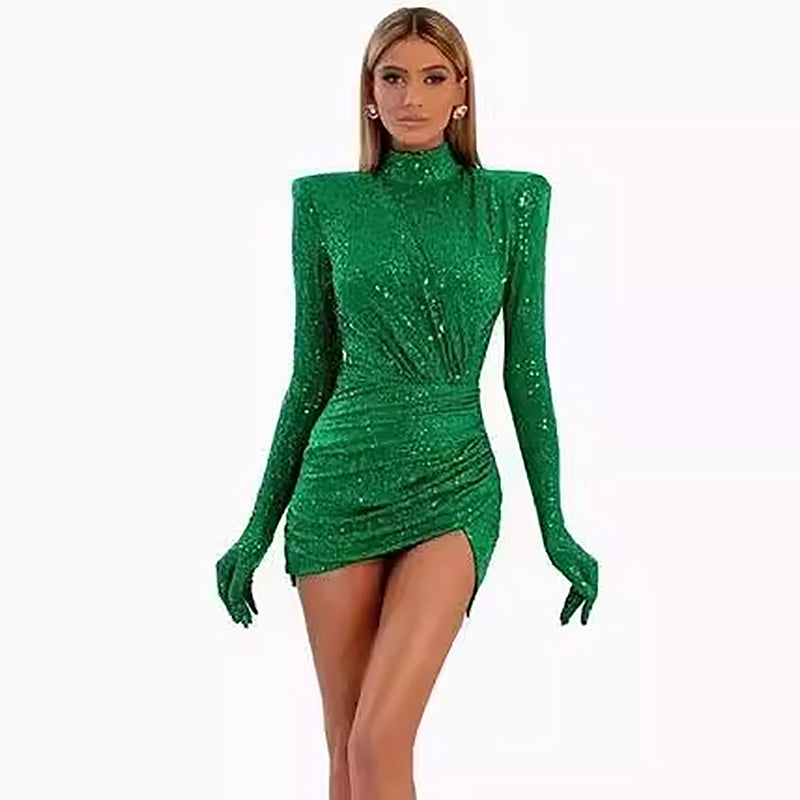 Green sequin velvet sleeves small high necked dress fashionable party performance dress