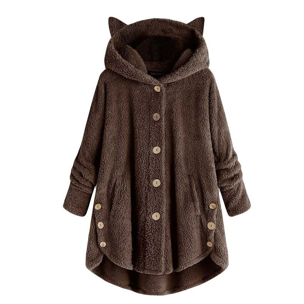 Autumn And Winter Button Hooded Cat Ear Plush Coat Irregular Fashion Brand Solid Color Coat Women