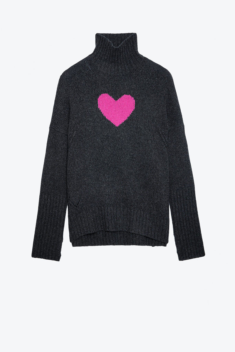 Small niche high neck front short back long heart knitted sweater