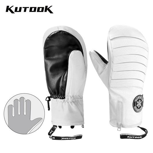 KUTOOK Winter Ski Mittens Windproof Snowboard Mittens Thermal Fleece Lining Skiing Gloves Waterproof Goatskin Palm Outdoor Sport