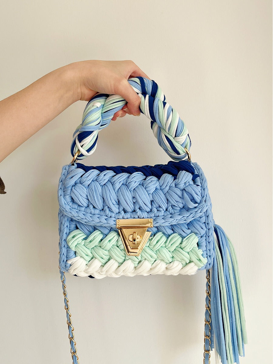 Hand woven bag crochet bag shoulder bag women's Fried Dough Twists portable tassel bag