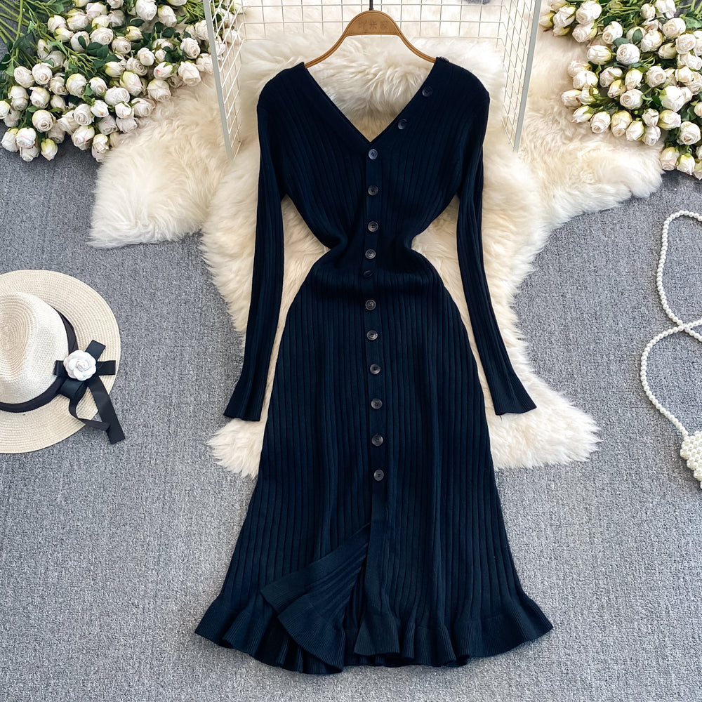 Feminine and socialite temperament long sleeved V-neck backless waist cinched mid length single breasted A-line knitted fishtail dress autumn