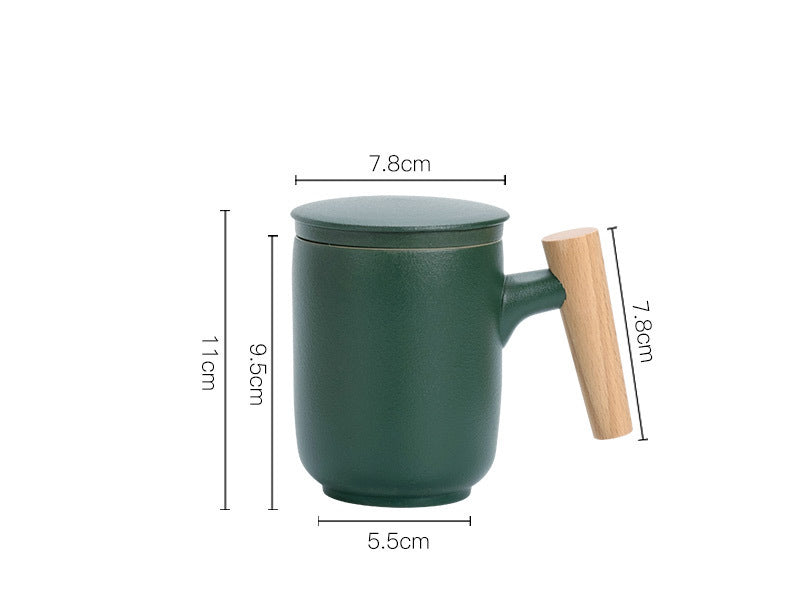 Ceramic Scrub Home Office Wooden Handle Stoneware Personal Mug with Lid Filter Tea Water Separation Tea Cup