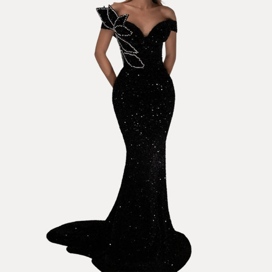 Flash Diamond V-Neck Off Shoulder Black Sequin Dress