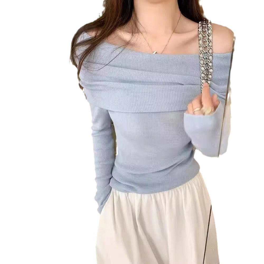 Off shoulder collarbone long sleeved one shoulder knitted sweater women's one neck base shirt outerwear