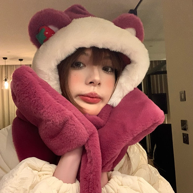 Winter Bear Hat Scarf Gloves One Body Autumn and Winter Lovely Strawberry Warm Keeping Women's Three Piece Scarf Thick Winter