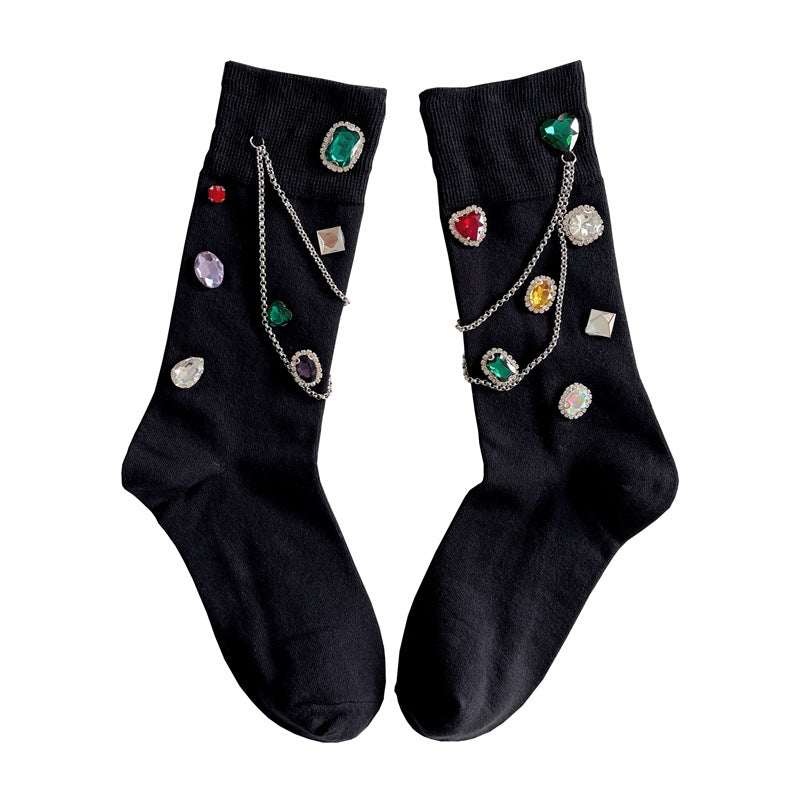 Summer and Spring European Luxury Love Diamond Black Chain Middle Tube Stacked Socks