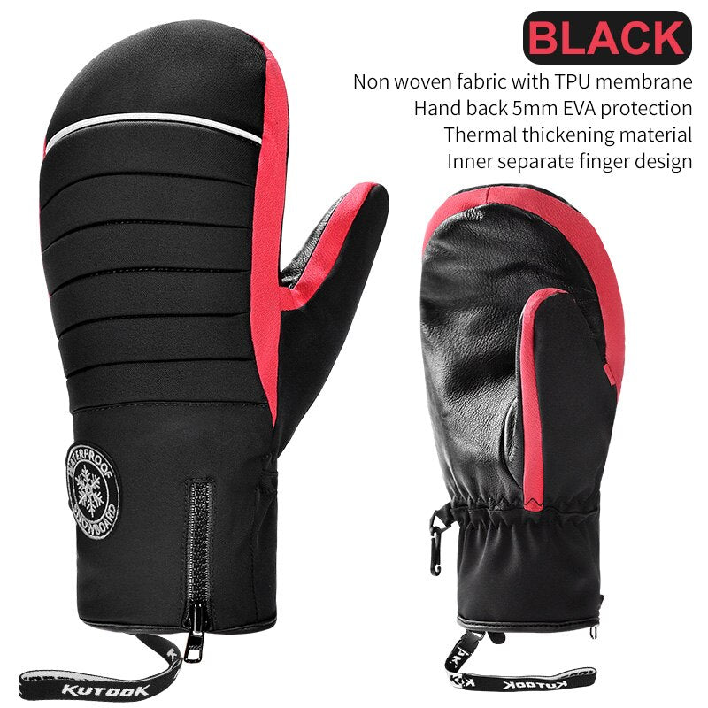 KUTOOK Winter Ski Mittens Windproof Snowboard Mittens Thermal Fleece Lining Skiing Gloves Waterproof Goatskin Palm Outdoor Sport