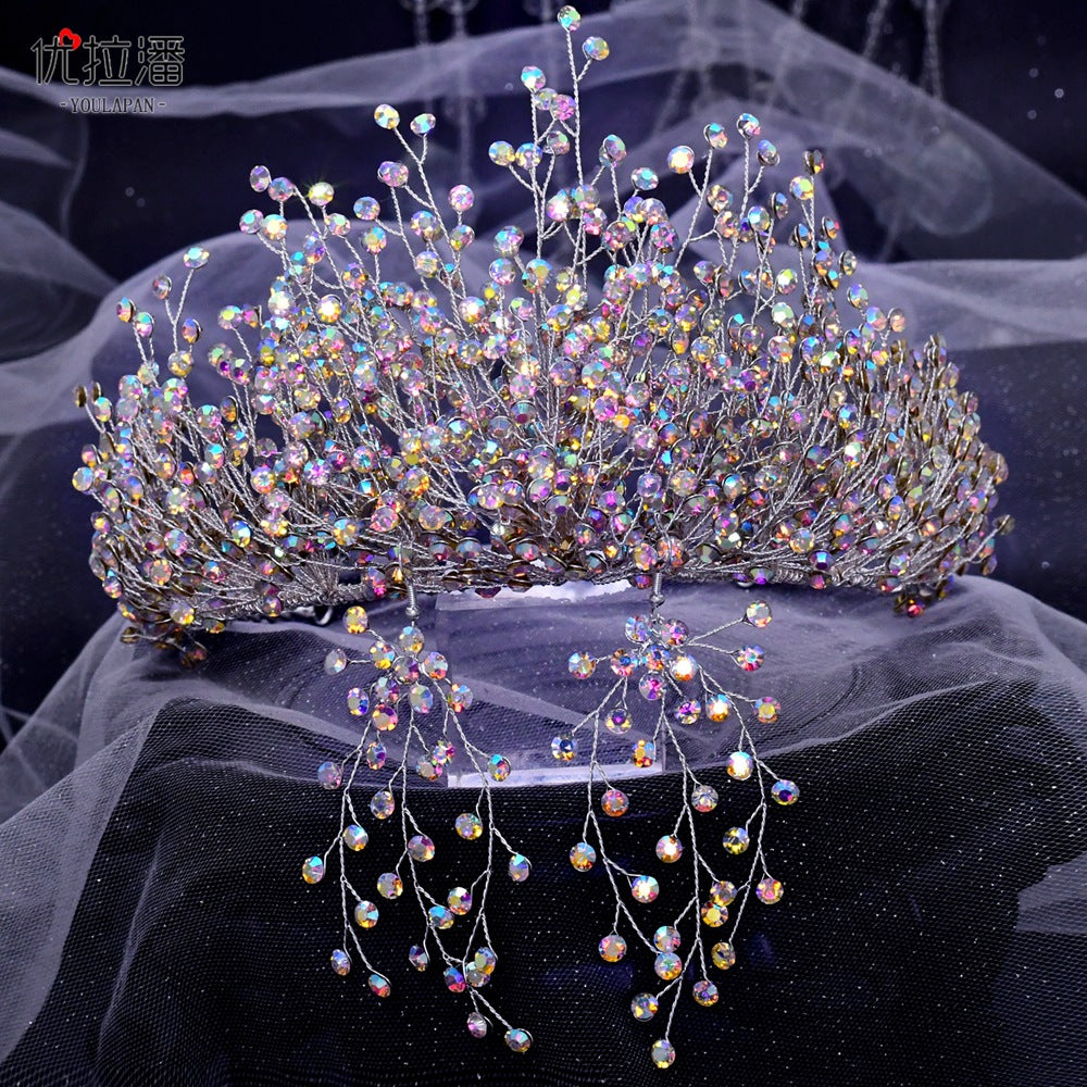 Bridal Headdress New Crown Set Ab Colored Diamond Necklace Earrings Three-Piece Set