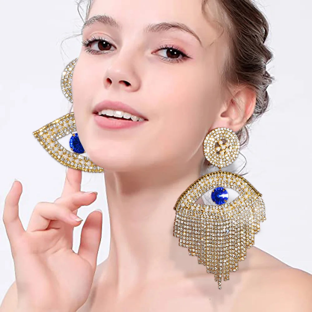 Stonefans Exaggerated Blue Eye Earrings Jewelry Newest Oversize Irregular Evil Eye Rhinestone Tassel Statement Stud Earrings