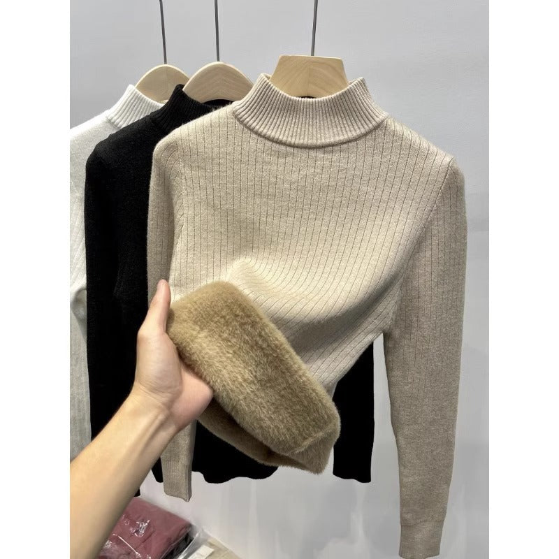 Thickened semi high neck sweater for women's autumn and winter new style with added velvet insulation and solid color versatile base knit sweater