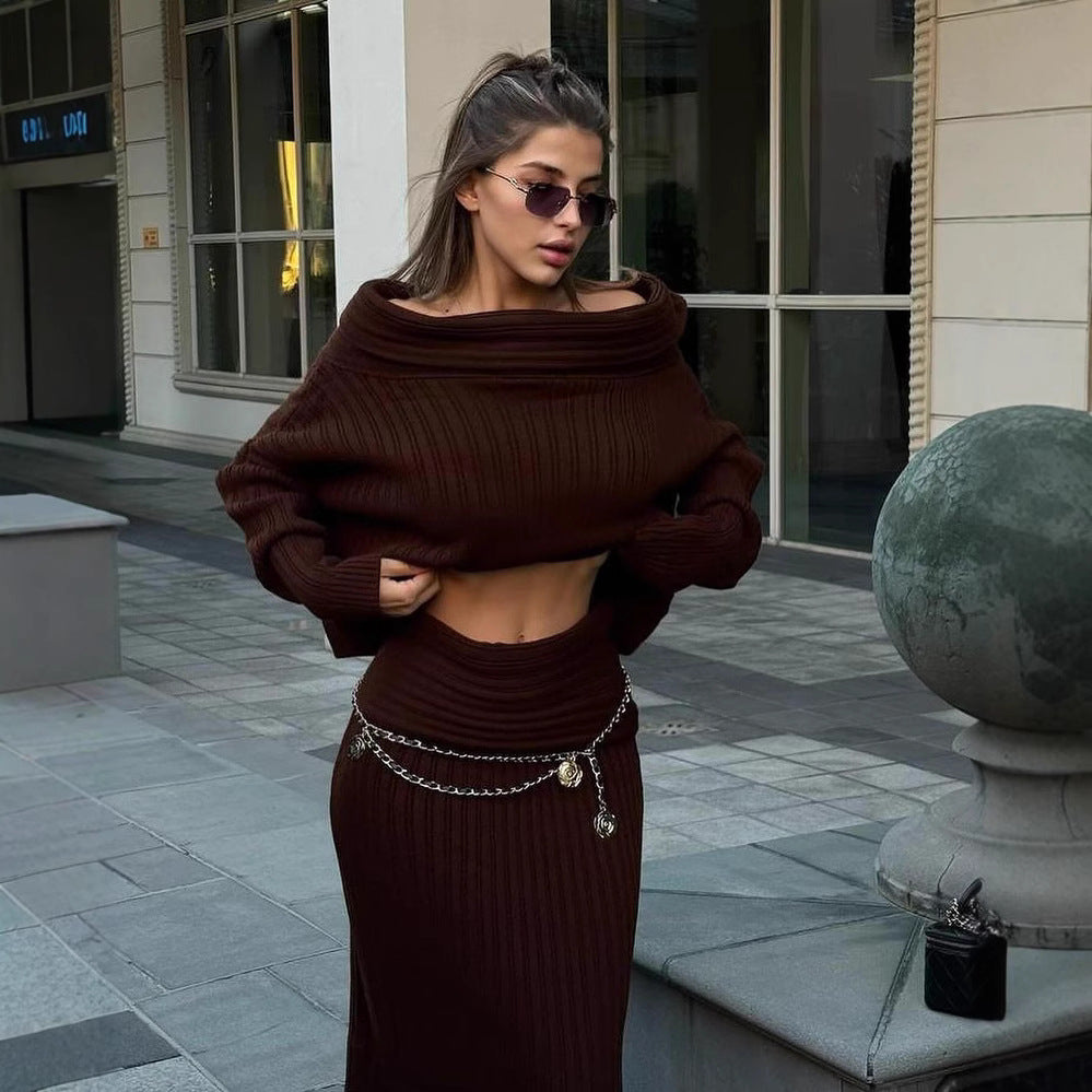 Winter Knitted Two Piece Set for Women Elegant Off Shoulder Sweater Pullover Top Slim Skirt Suit Fashion Office Ladies Outfits