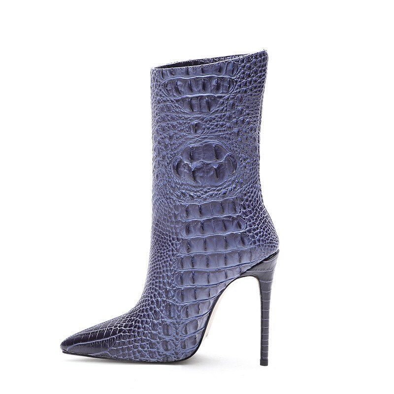 Croc pattern High Heel Short Boots. Ankle Boots.