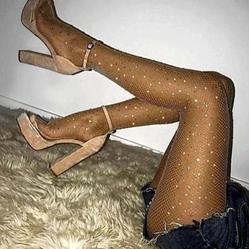 Bling Diamond Fishnet Pantyhose Summer Women Sexy Hollow Shiny Net Tights Female Slim White Rhinestone Mesh Thin Nylon Stockings