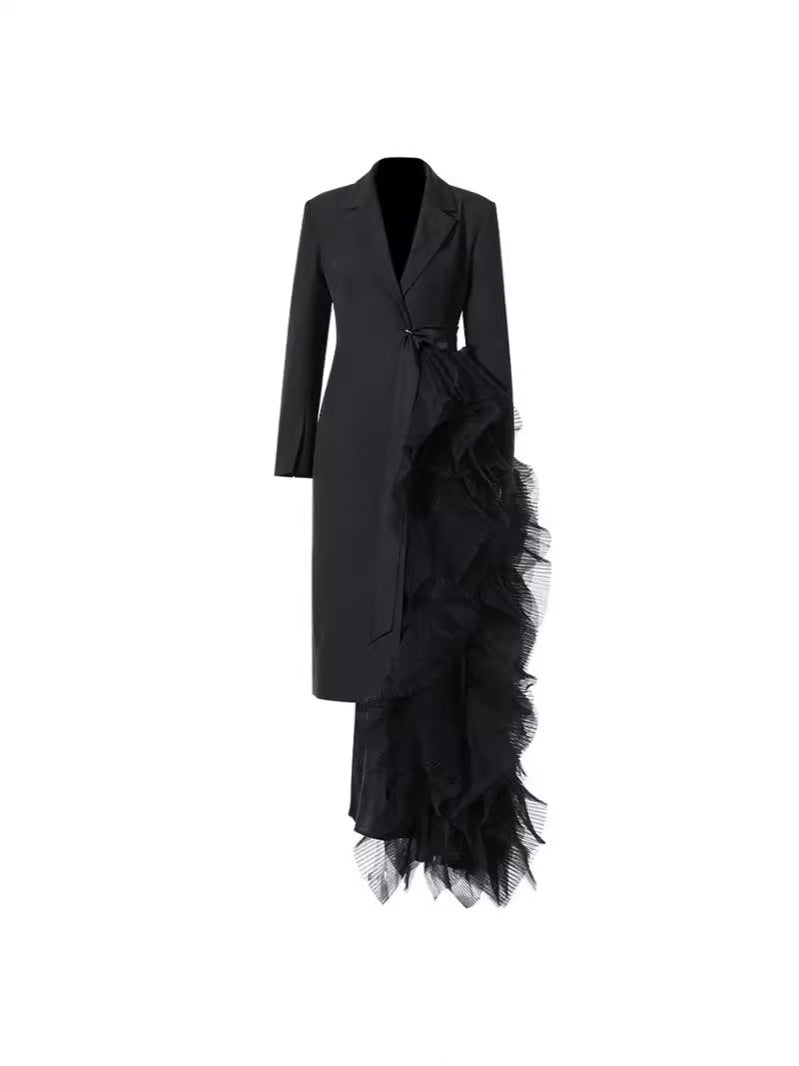 Autumn niche asymmetrical suit dress spliced mesh high-end party dress long coat