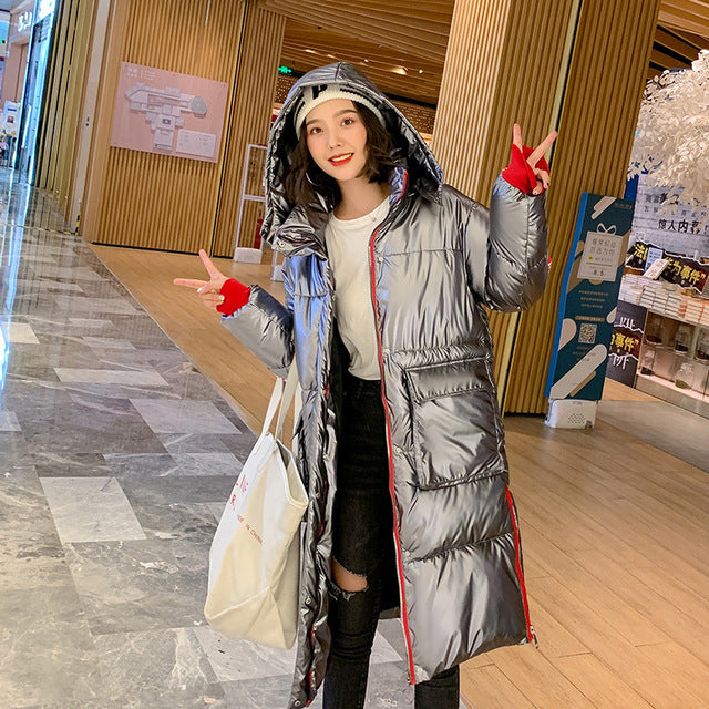 Fashion Metal Golden Silver Bright Hooded Jacket Coat Women's Winter Warm Cotton Padded Long Parkas New Bomber Streetwear Parka