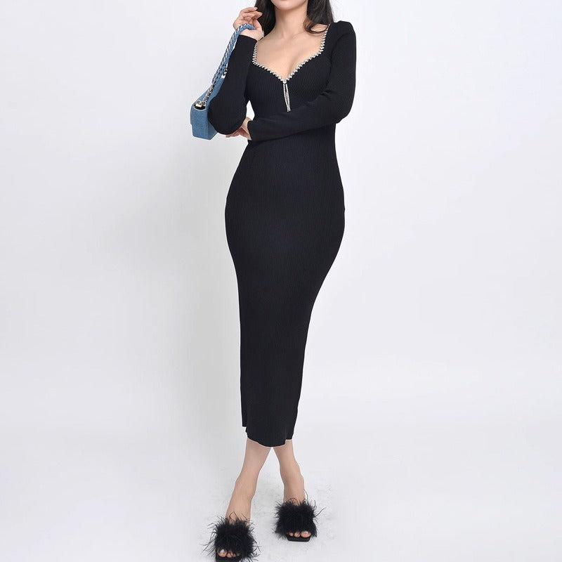 V-neck low cut back knitted dress