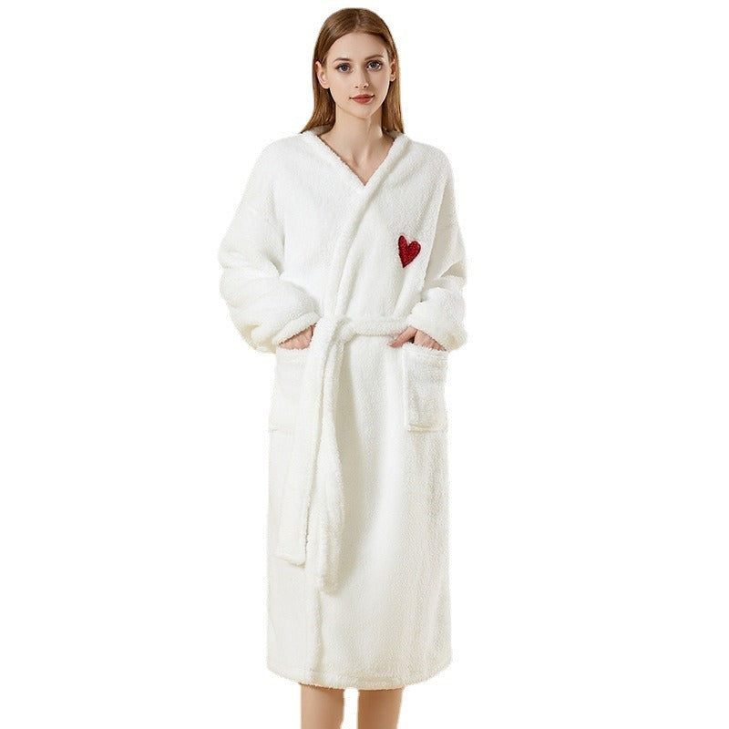 Home Bathrobe Female Winter Thickened Coral Velvet Bathrobe Sweet Love Warm Long Bathrobe