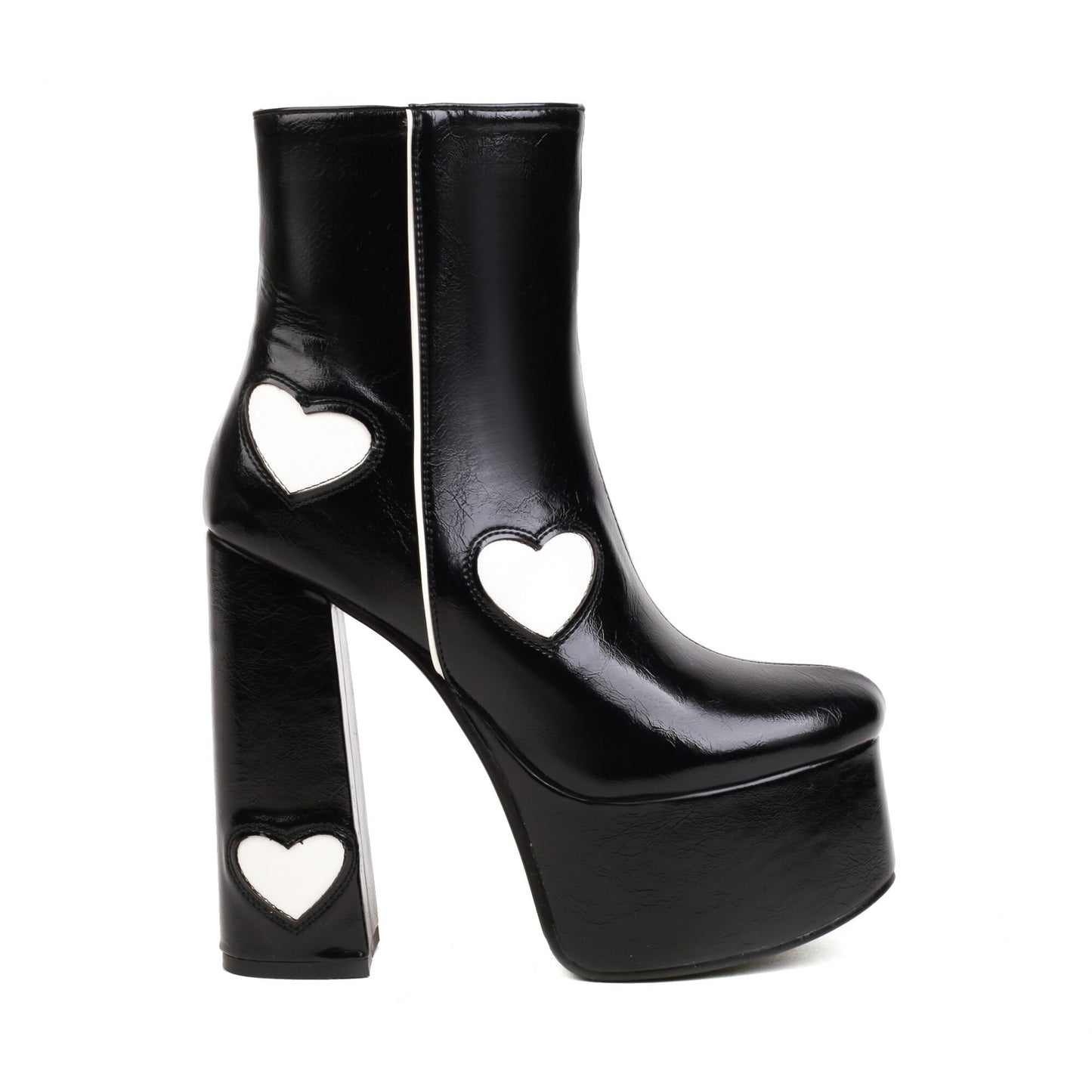 Sweetheart Patch Black and White Patent Leather Platform Boots Chunky Heel Women's Club Stage Booties