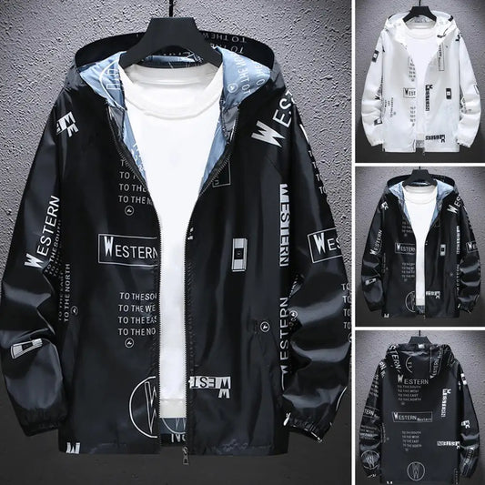 Men Windbreakers Hooded Jacket Zipper Closure Anti-UV Breathable Windproof Elastic Cuff Letter Print Cool Coat Male Outerwear