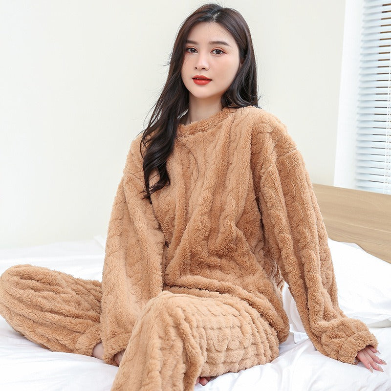 Coral velvet pajamas women's jacquard warm suit autumn and winter thickened plus velvet long sleeves with cuffs