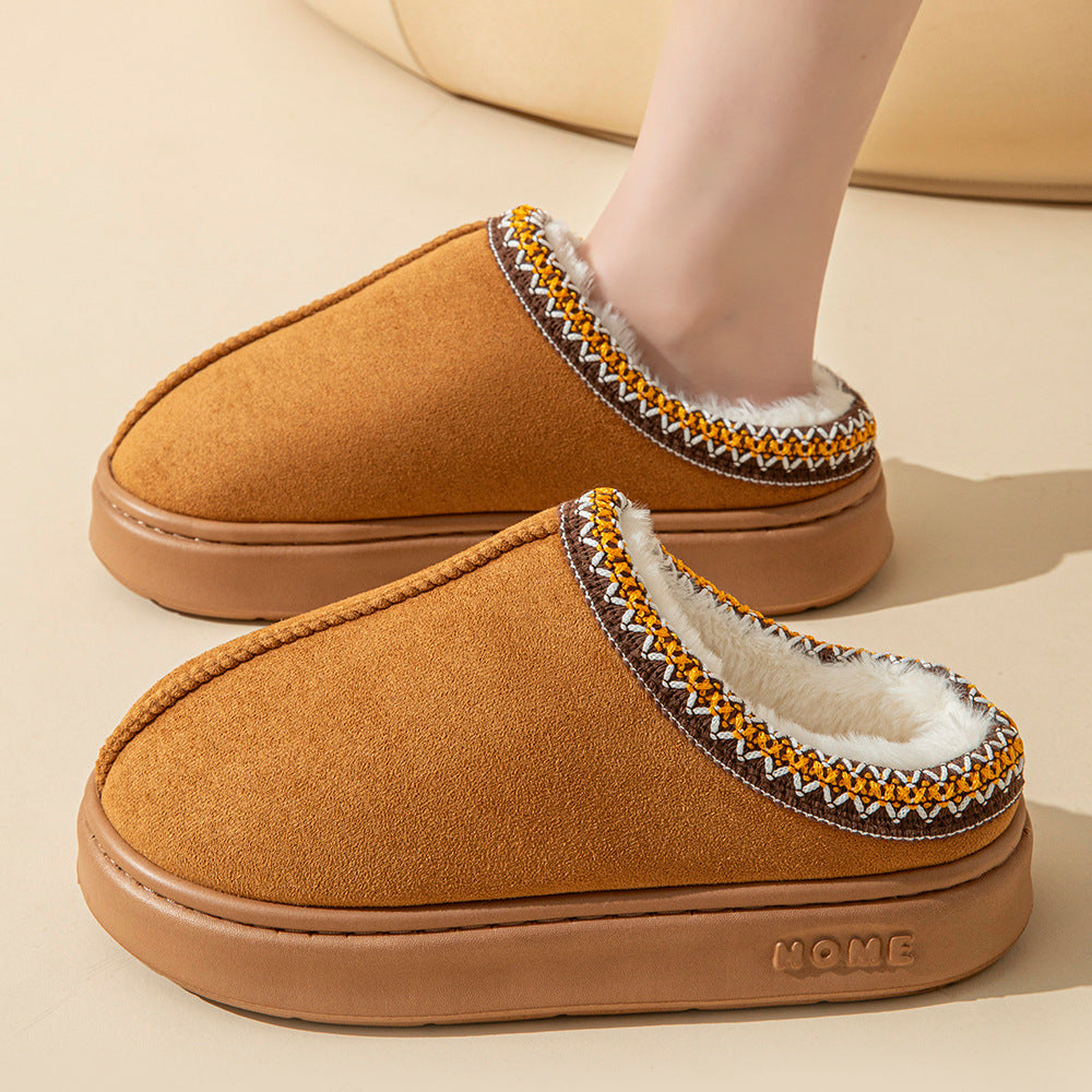 New solid color imitation suede stitching home slippers thick bottom non-slip lightweight warm cotton slippers for women