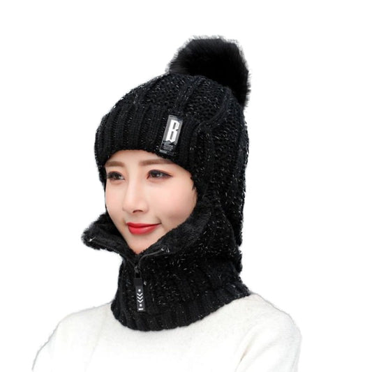 “B-label Shiesty” - knitted, plush, pullover ear protection hat for women with zippered neckband.