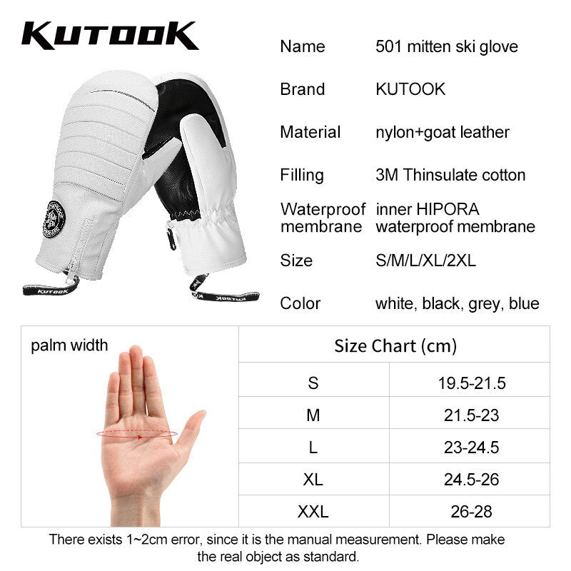 KUTOOK Winter Ski Mittens Windproof Snowboard Mittens Thermal Fleece Lining Skiing Gloves Waterproof Goatskin Palm Outdoor Sport