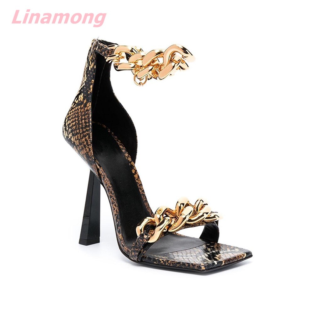 Metal Chain Women Sandals. Square Toe Faux Leather. Solid Novelty Casual Women Party Shoe