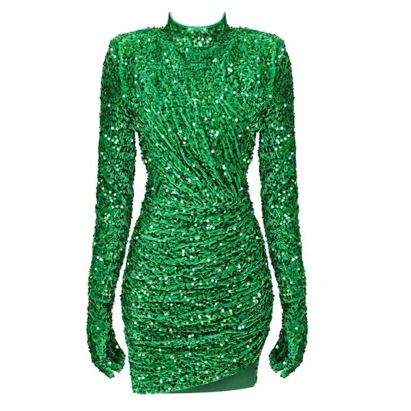 Green sequin velvet sleeves small high necked dress fashionable party performance dress