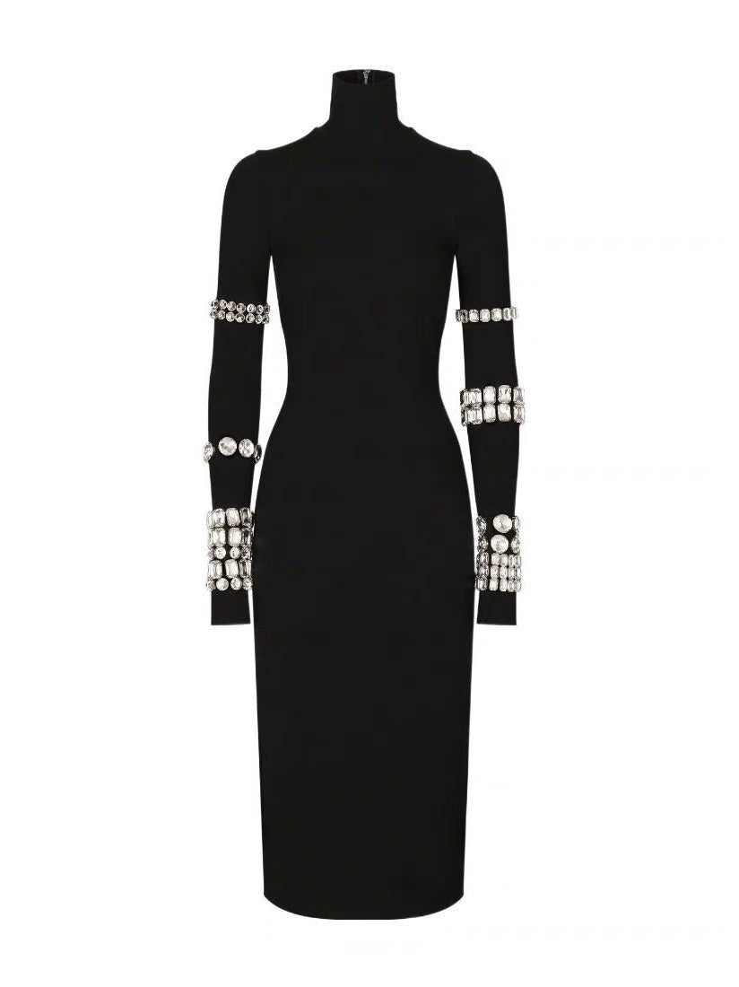 2025 Diamond black high neck long sleeved tight fitting dress