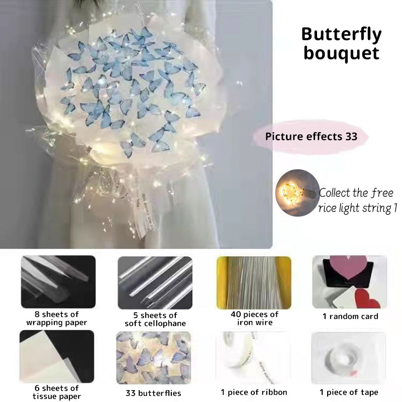 New DIY Butterfly Bouquets Handmade Butterfly Flower Material Package Bouquet with Light String Wedding Decor Gift for Girlfrien