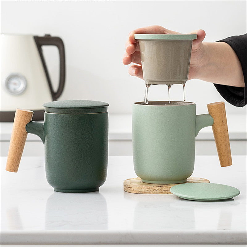 Ceramic Scrub Home Office Wooden Handle Stoneware Personal Mug with Lid Filter Tea Water Separation Tea Cup