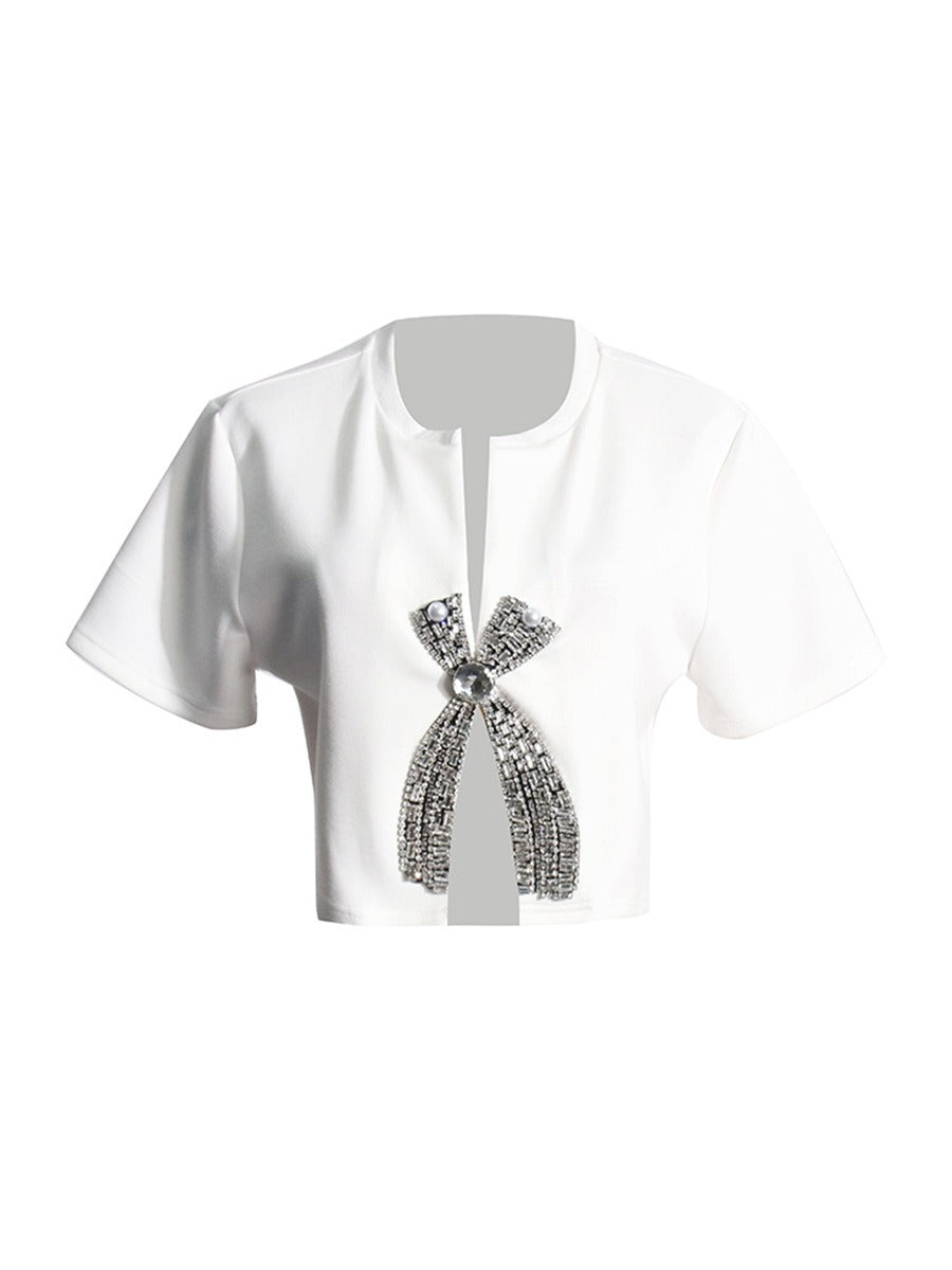 Diamond studded sequin bow design short sleeved T-shirt women's short top