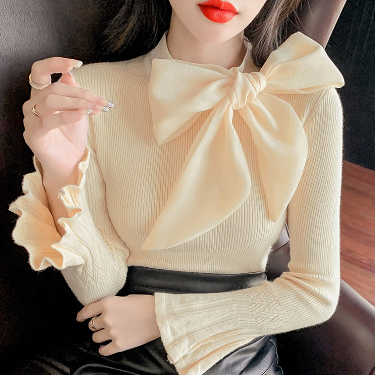 Socialite small fragrant style lace-up large bow decorated sweater for women with intellectual temperament and elegant bell-slee