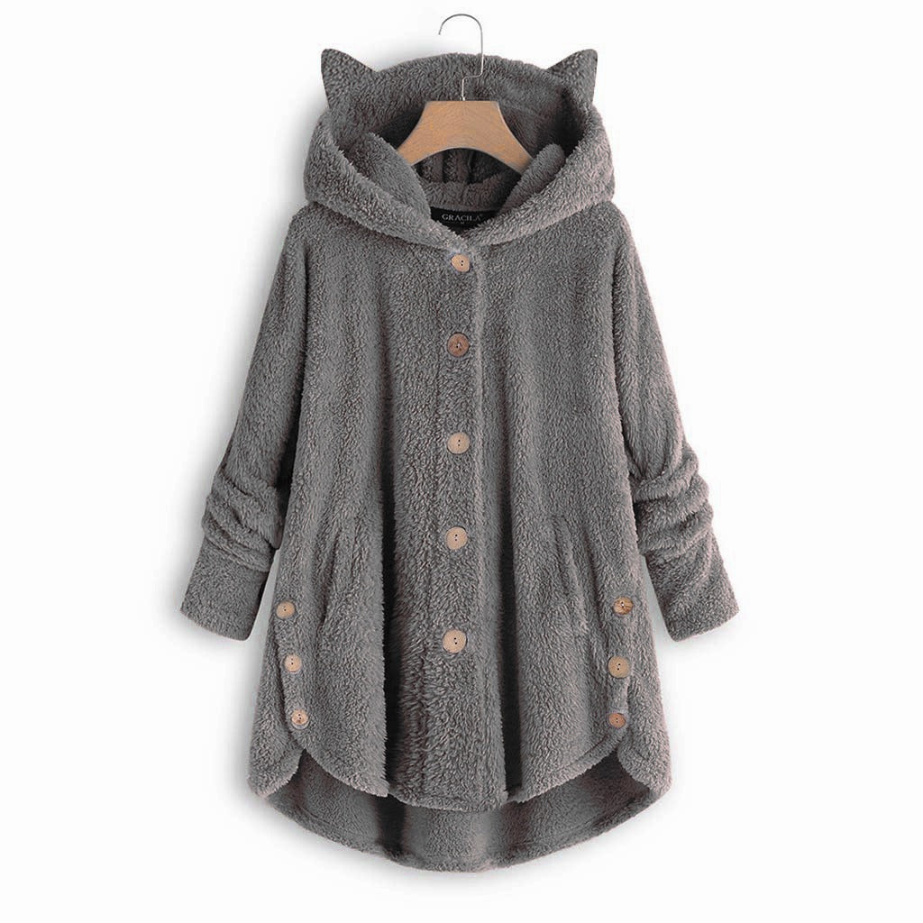 Autumn And Winter Button Hooded Cat Ear Plush Coat Irregular Fashion Brand Solid Color Coat Women