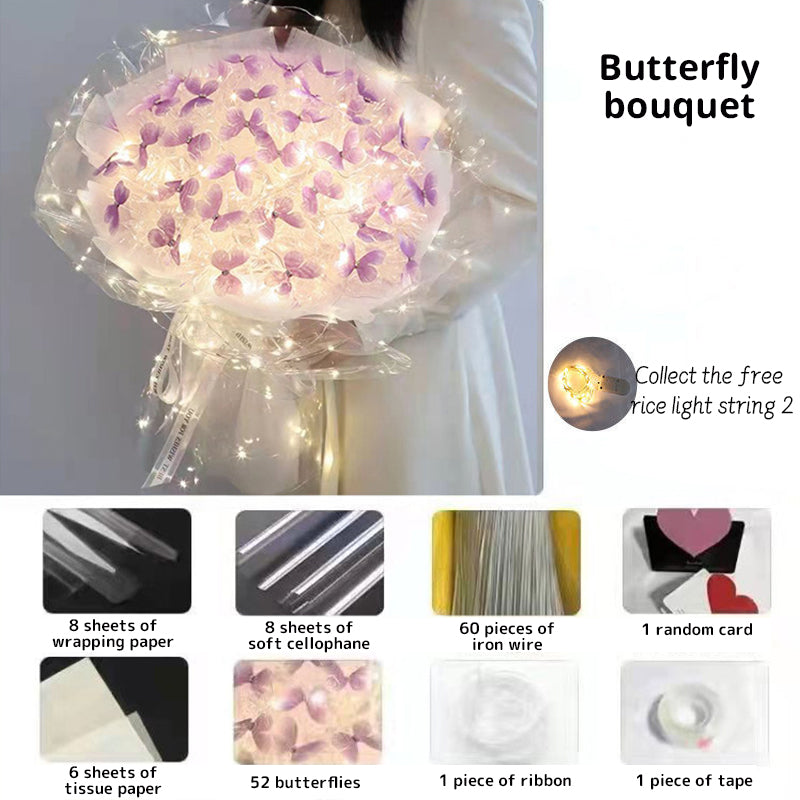 New DIY Butterfly Bouquets Handmade Butterfly Flower Material Package Bouquet with Light String Wedding Decor Gift for Girlfrien