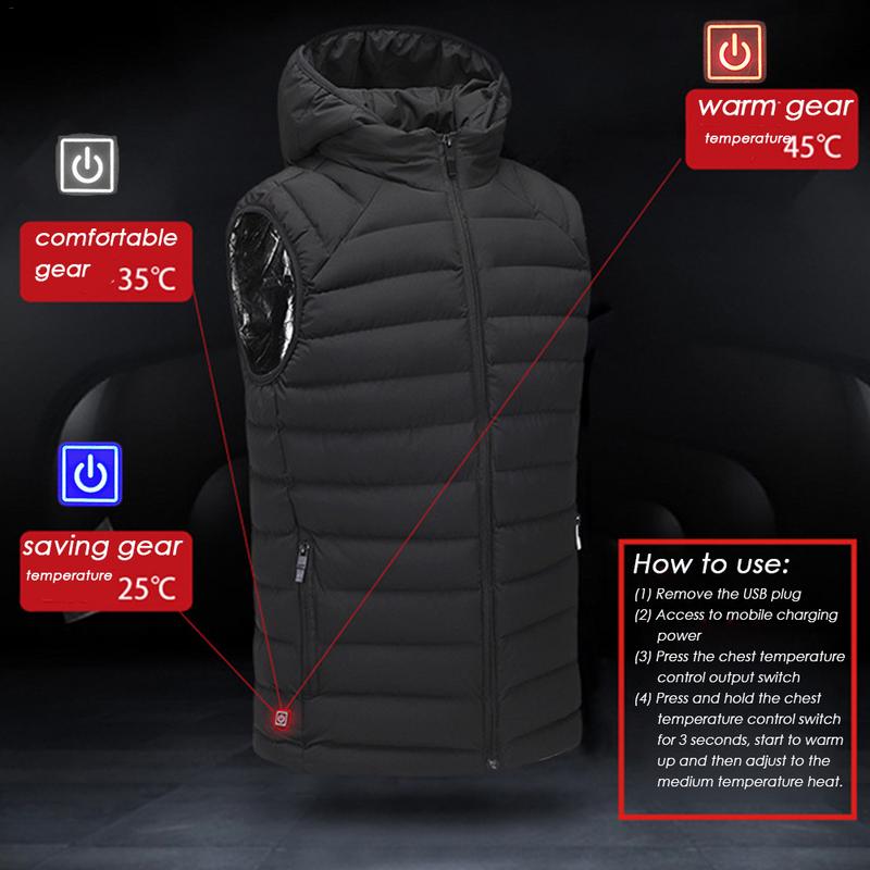 Men Outdoor USB Infrared Heating Vest Hooded Jacket Winter Electric Thermal Waistcoat For Sports Hiking Vest Clothing