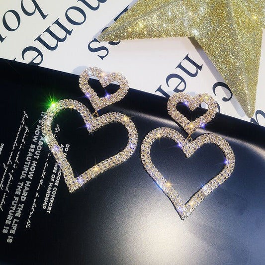 S925 Silver Needle Stud  Fashion Exaggerated Diamond Double Heart Earrings Temperament Versatile Long Peach Heart Earrings Women