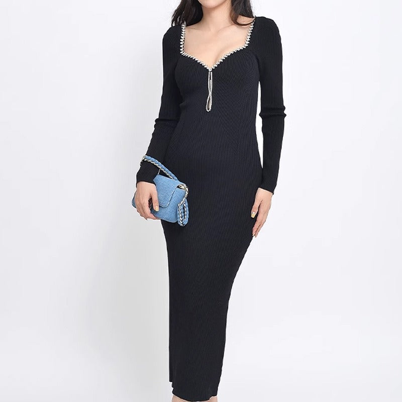 V-neck low cut back knitted dress