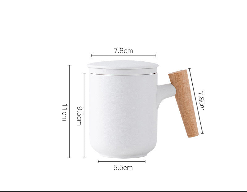 Ceramic Scrub Home Office Wooden Handle Stoneware Personal Mug with Lid Filter Tea Water Separation Tea Cup