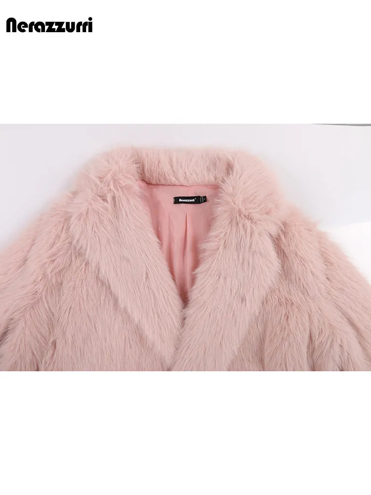 Nerazzurri Winter Long Oversized Pink Hairy Thick Warm Soft Faux Fur Coat Women Sashes High Quality Loose Casual Furry Overcoat