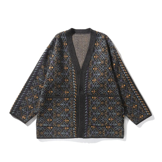 Men Vintage Jacquard Knit Taoist Robe Sweater Cardigan Sweatercoat Japanese Streetwear Loose Causal Knitted Sweater Jacket Men