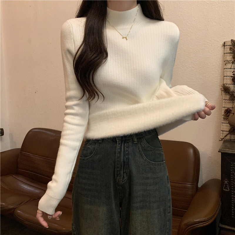 Thickened semi high neck sweater for women's autumn and winter new style with added velvet insulation and solid color versatile base knit sweater